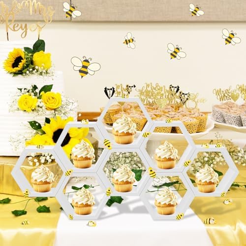 Denylo pro 8 Pcs 4.13 Inch White Cupcake Stand Hexagon Cake Farmhouse Wood Cupcake Stand with Small Bee for Baby Shower Birthday Party Table Decorations - Image 2