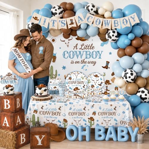 Cowboy Baby Shower Decorations for Boy, All-in-1 Retro Western Baby Shower Decorations with Balloon Arch Baby Boxes Plates Napkins Cake Toppers Tablecloth Backdrop Banner for Cowboy Rodeo Baby Shower - Image 3