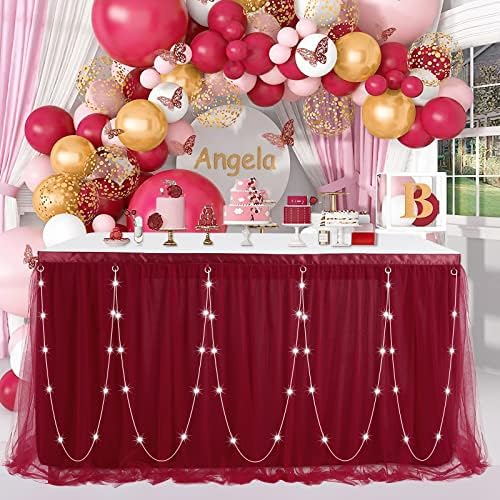Tutu Table Skirt 14ft Burgundy Tulle Table Cloths Cover for Baby Shower Boy or Girl LED Birthday Party Dessert Buffet Banquet Table Decorations by QueenDream