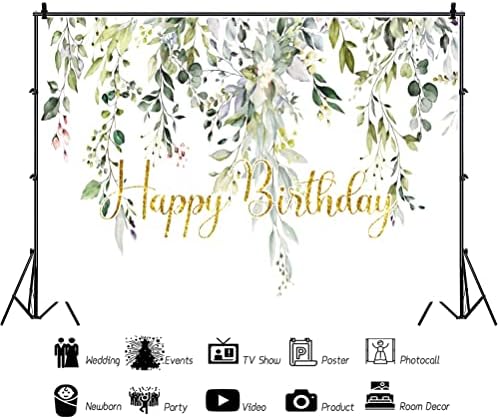 Leowefowa 12x8ft Green Gold Eucalyptus Leaves Photography Background Happy Birthday Backdrop for Baby Shower Gender Reveal Photo Party Decorations Banner Photo Booth Studio Shoot Props - Image 2