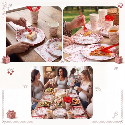 LemonRoad 175 Pcs Special Delivery Pizza Baby Shower Party Set Serves 25 Guests, 9'' Dinner Plates 7'' Dessert Plates 9oz Cups Red White Gender Neutral Disposable Tableware for New Baby Welcome Party - Image 6