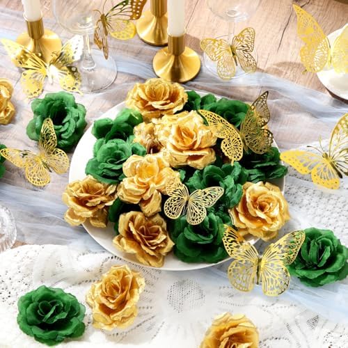 296 Pcs Artificial Roses Silk Flowers 3D Butterflies, Green, Gold - Image 3