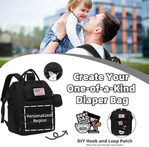 ROSEGIN Diaper Bag Backpack for Dad and Men, Large Travel Baby Bag with Changing Pad, Pacifier Case, Removable Flag Patch - Baby Shower Gifts - Shadow Black - Image 2