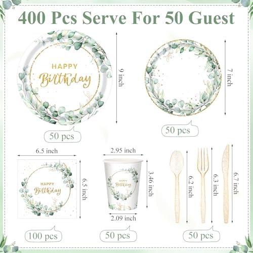 Pickmesh 400 Pcs Sage Green Birthday Party Supplies Paper Plates Serve 50 - Image 3