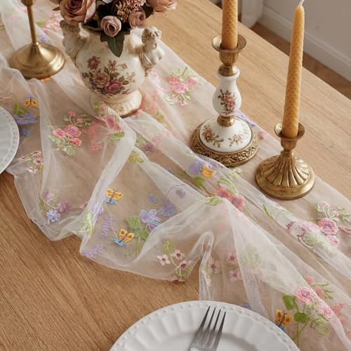 Ivory White Floral Table Runner 10ft Embroidery Tulle Wildflower - Image 4