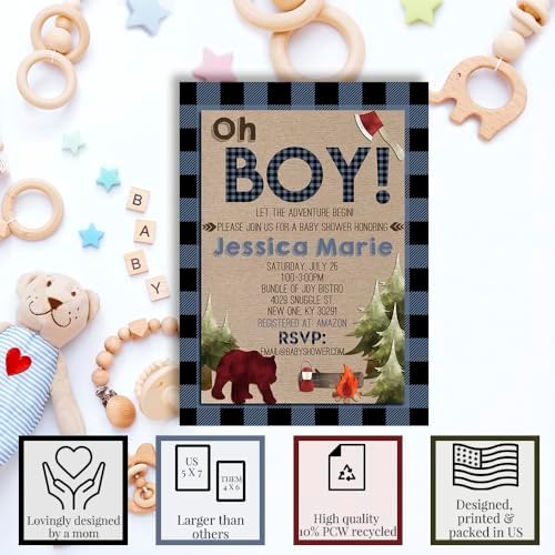 Amanda Creation Custom Baby Shower Invites Blue Lumberjack Baby Shower Invitations 20 5x7 Custom Personalized Invites With Envelopes - Image 2