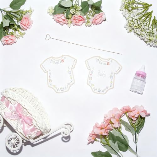 2 Pack Baby Carriage for Baby Shower Centerpiece Table with Wicker Stroller Bottle Bear Cards Rattan Artificial Rose Hydrangea Baby's Breath Floral Card Holder Decoration(Pink，16pcs) - Image 5