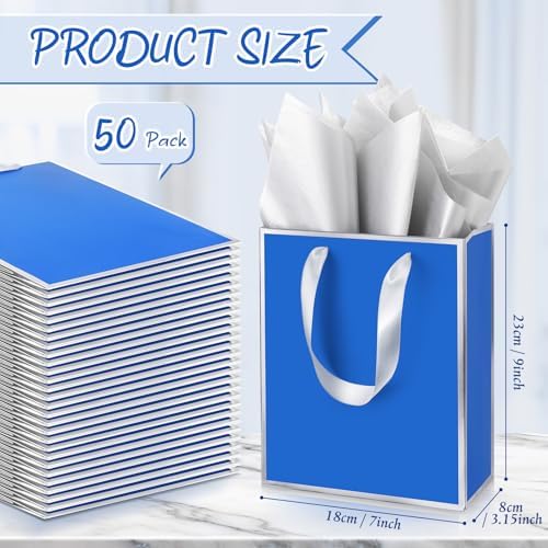 Yeaqee 50 Pcs Metallic Paepr Gift Bags Bulk with Handles,Royal Blue, Silver - Image 2