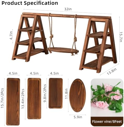 3 Tier Wooden Cupcake Stand with Unique Swing & Flower Decor, Rustic Dessert Table Display Set, Foldable Ladder Serving Tray for Wedding, Baby Shower, Birthday Party & Event Centerpiece - Image 5