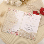 25Pcs Gold Glitter Wedding Invitations with Burgundy Ribbons Pearl, Blank - Image 2