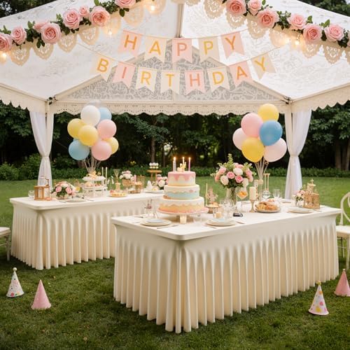 Champagne Table Cloth for 8 Foot Rectangle Tables Fitted Stretch Spandex Table Cover with Skirt 8ft Baby Shower Birthday Party Banquet Ruffle Tablecloth Wedding Table Cloths Desk Skirt, 4 Pack - Image 7