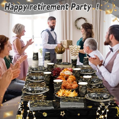 Potchen 452 Pcs Happy Retirement Plates Napkins Party Supply, Black Gold - Image 4