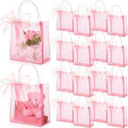 Sayglossy 24 Pcs Clear Pink Gift Bags with Handles 6.1 x 5.9 x 2.8 Inch Wedding Transparent Glitter Tote with Ribbons Reusable PVC Gift Wrap Bags for Baby Bridal Shower Birthday Party by Sayglossy