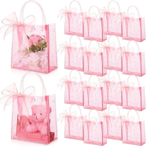 Sayglossy 24 Pcs Clear Pink Gift Bags with Handles 6.1 x 5.9 x 2.8 Inch Wedding Transparent Glitter Tote with Ribbons Reusable PVC Gift Wrap Bags for Baby Bridal Shower Birthday Party by Sayglossy
