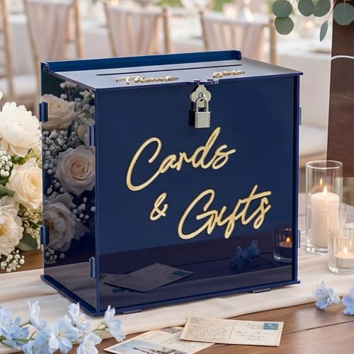 BreezeHug Navy Blue Acrylic Wedding Card Box with Slot and Lock, Graduation Money Gift Box with DIY Letters cards Gifts/Thank You Letters, Funeral, Quinceanera, Retirement Birthday (Medium) by Unknown