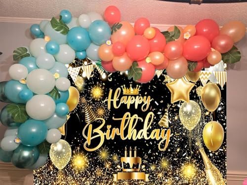 Black Gold Happy Birthday Party Decorations Backdrop, Happy Birthday Backdrop Banner Anniversary Party Photo Booth Background Golden Balloons Glitter Star Birthday Party Photo Background, 12X10ft - Image 6