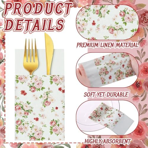 Potchen 100 Pcs Linen Feel Napkins Disposable, Vintage Rose Floral - Image 4
