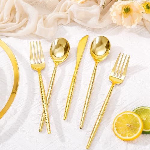 Supernal 360PCS Hammered Gold Plastic Silverware,Heavy Duty Plastic Utensil - Image 4