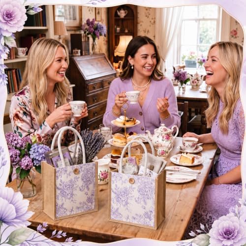 Abbylike 12 Pcs Floral Gift Bag Small Flower Tote Bag,Purple White - Image 6