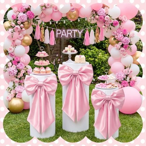 SmoothNovelty 3 Pcs Pink Bow Cylinder Pedestal Stand Covers Spandex Flexible Display Pedestal Covers Round Plinth Pillar Wrap for Birthday Party Wedding Baby Shower Decor - Image 6