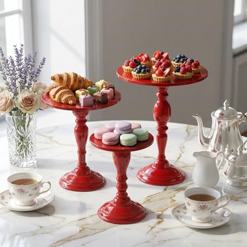 Red 3Pcs Metal Round Vintage Cake Stand Set 8"10"12" Dessert Display - Image 4