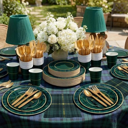 Jinei 175 Pcs Green Blue Tartan Plaid Baby Shower Plates and Napkins Tableware Baby Shower Decoration, Disposable 9/7 Inch Tartan Plates Gold Utensils 9 oz Cups for We Can Bearly Wait Party, Serve 25 - Image 4