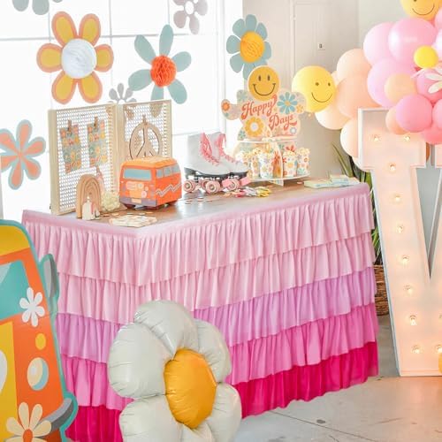 Pufogu Pink Tulle Table Skirt 9ft Tutu Ruffled Chiffon Tablecloth For Rectangle Wedding Baby Shower Girls Birthday Party and Cake Dessert Table Decorations(BrightRainbow, L9(ft), H30in) - Image 2