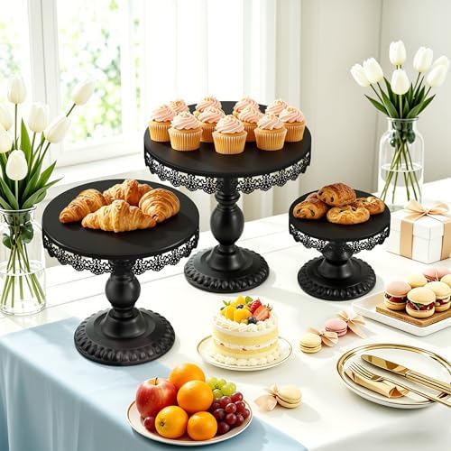 3 PCS Black Cake Stands (8"&10"&12" Plate), Cupcake Stand with a lace Hollow Border Metal Cake Stand Set for Birthday Party, Wedding, Anniversary, Baby Shower - Image 5
