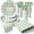 Vyntra 350-Pc Sage Green Gingham Paper Plates and Napkins Party Supplies by PartyTablewareSupplies