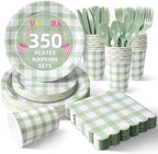 Vyntra 350-Pc Sage Green Gingham Paper Plates and Napkins Party Supplies by PartyTablewareSupplies