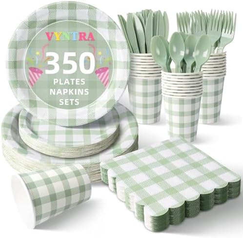 Vyntra 350-Pc Sage Green Gingham Paper Plates and Napkins Party Supplies by PartyTablewareSupplies