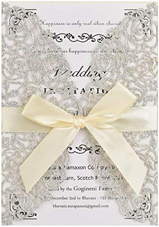 FOMTOR Laser Cut Wedding Invitation Set with Envelopes & Inserts & Seals – Perfect for Weddings, Bridal Showers, Engagements & Anniversary Celebrations - Silver, 25pcs by FOMTOR