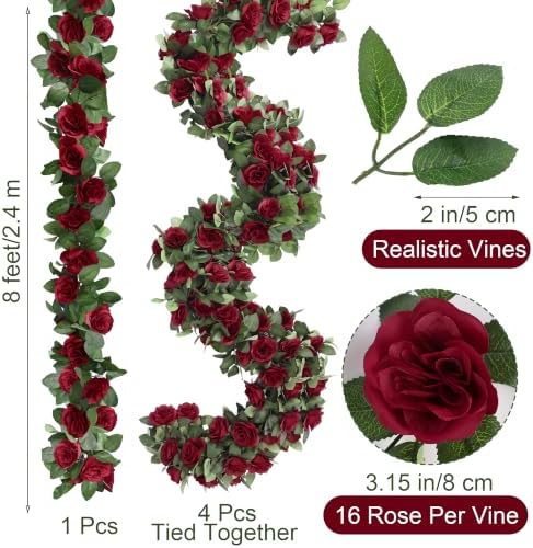 Aneco 4 Pack 32 FT Burgundy Flower Garland Artificial Rose Vines Roses Fake Vine Flowers Plants Party Supplies for Holiday Wedding Garden Craft Art Decoration - Image 2