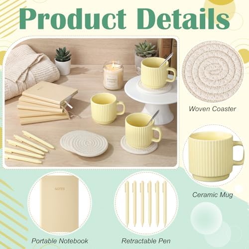 36 Pcs/6 Sets Baby Shower Prizes for Winners Include Ceramic Mugs with Spoons Woven Coasters Notebooks with Pens Clear PVC Gift Bags for Bridal Shower Party Favors (Yellow) - Image 4
