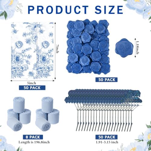 Fullhawl 50 Sets Wedding Invitations Wraps Set Pre Folded Vellum Jackets for 5 x 7 Invitations Dried Flowers Wax Seal Stickers Chiffon Silk Ribbon for Wedding Birthday Bridal Shower (Light Blue) - Image 2
