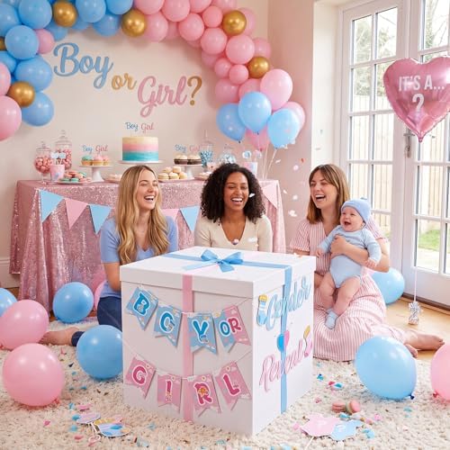 VercanMonth 28 Inches Giant Gender Reveal Gift Box with Lid Kit Extra Large White Gift Box with Boy or Girl Party Banner and Blue Pink Ribbons for Gender Reveal Birthday Party Baby Shower Decor - Image 3