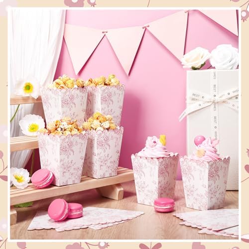 Gueevin 100 Pcs Pink Floral Popcorn Boxes with Scalloped for Party 5.5 x 10.5 x 7.5 cm Mini Paper Popcorn Containers Bulk for Wedding Movie Night Decorations Bridal Baby Shower Party Supplies - Image 2