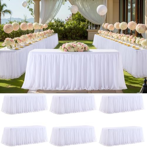6 Pack White Tablecloth for 6 Foot Rectangle Tables with Tulle Table Skirt by PartyTalk
