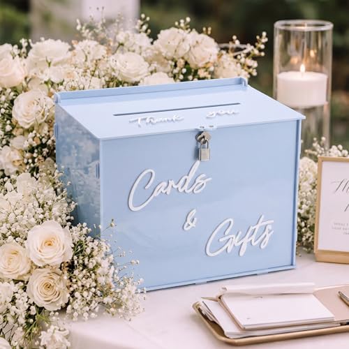 BreezeHug 14" Baby Blue Acrylic Wedding Card Box with Lock & 3D Letters by Unknown