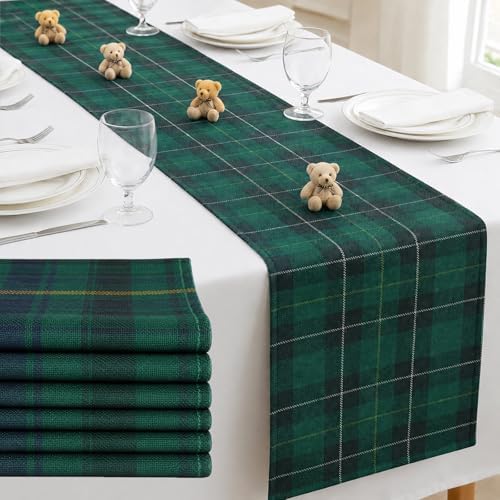 6 PCS 70.87 x 11.81nchs Tartan Plaid Bear Baby Shower Table Runner Green and Blue Tartan Plaid Table Runner for Baby Shower Theme Party Vintage Party Supply Dining Room Home Kitchen Decorations by partygreeting