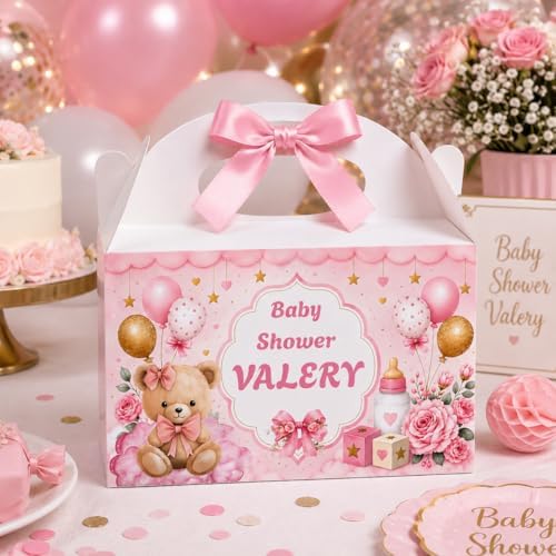 Personalized Baby Shower Keepsake Boxes. A set of 12 boxes personalized with the baby's name to add a special touch to your celebration. (Girl teddy bear) - Image 4