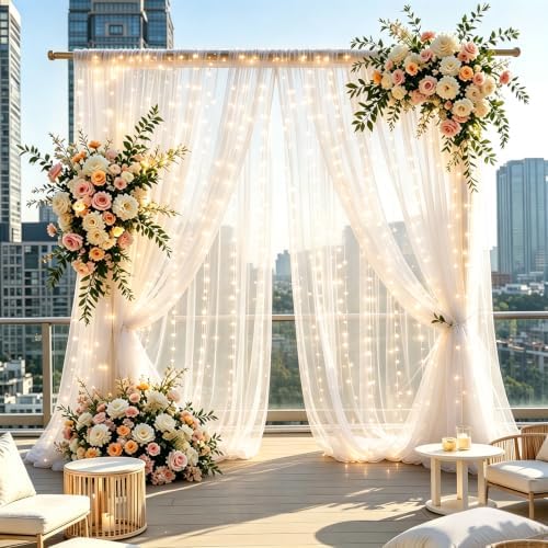 Gallety Ivory Tulle Backdrop Curtain with String Lights, 10x8ft Sheer Ivory Backdrop Curtain for Photography, Wedding, Bridal Shower, Baby Shower, Birthday, Anniversary, Banquet Decorations by Creativepartyuniquedecorat
