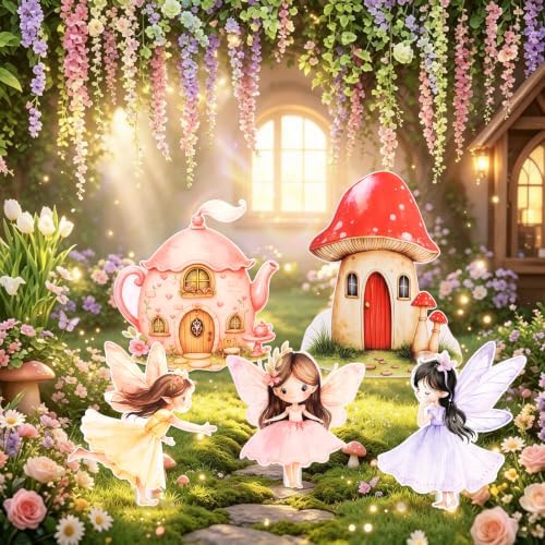 5 PCS Large Fairy First Birthday Decoration, Fairy Cardboard Cutouts, 27.5" x 21.6" Mushroom & Teapot Yard Signs, Standup Photo Booth Props for Woodland Fairytale Party, Lawn & Garden by Unknown