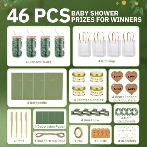 46Pcs Baby Shower Prizes for Game Winners Gifts Wedding Bridal Shower Gifts Including Glass Cans Notebooks Soy Candles Hair Clips for Baby Shower Wedding Bridal Shower Game Prizes (Green, 4 Sets) - Image 3