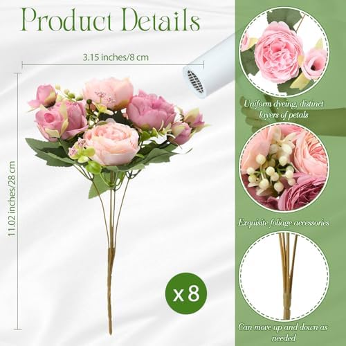 Geosar 8 Bundles Artificial Peonies Flowers,Russet Red, Light Pink - Image 2