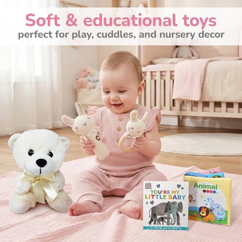Premium New Baby Girl Gift Basket | Newborn Essentials Care Package in Diaper Caddy Organizer | Plush Toy, Baby Clothes, Bath Set, Hooded Towel, Rattle, Keepsakes & More Pink & White - Image 6