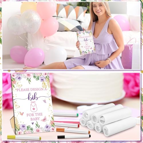 Panitay 100 Pcs DIY Baby Bibs Decorating Kit 50 White Bibs 25 Stencils 24 Markers 1 Baby Shower Game Sign - Image 6