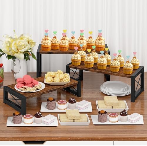 ELITEROO 3 Tier Cupcake Stand & Wood Display Risers, Dessert Stands for Cup Cake or Food, Riser Display Stand for Perfume Collectibles, Tiered Shelf Organizer for Market Retail Vendors, Rustic Brown - Image 2
