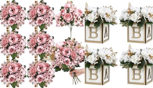 6 Bundles Peonies Artificial Flowers & Pack of 4 Baby Shower Centerpieces for Tables by SEKNHOP