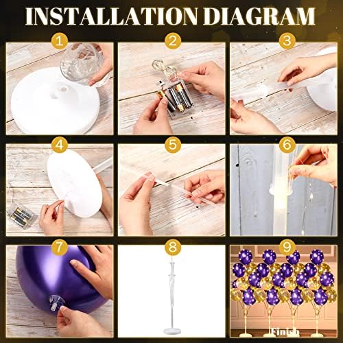 Wettarn 4 Set Balloon Column Kit for Floor with LED Light Balloons Stand Kit Tower Pillar Backdrop for Wedding Birthday Summer Baby Shower Party Decorations(Gold and Purple) - Image 2